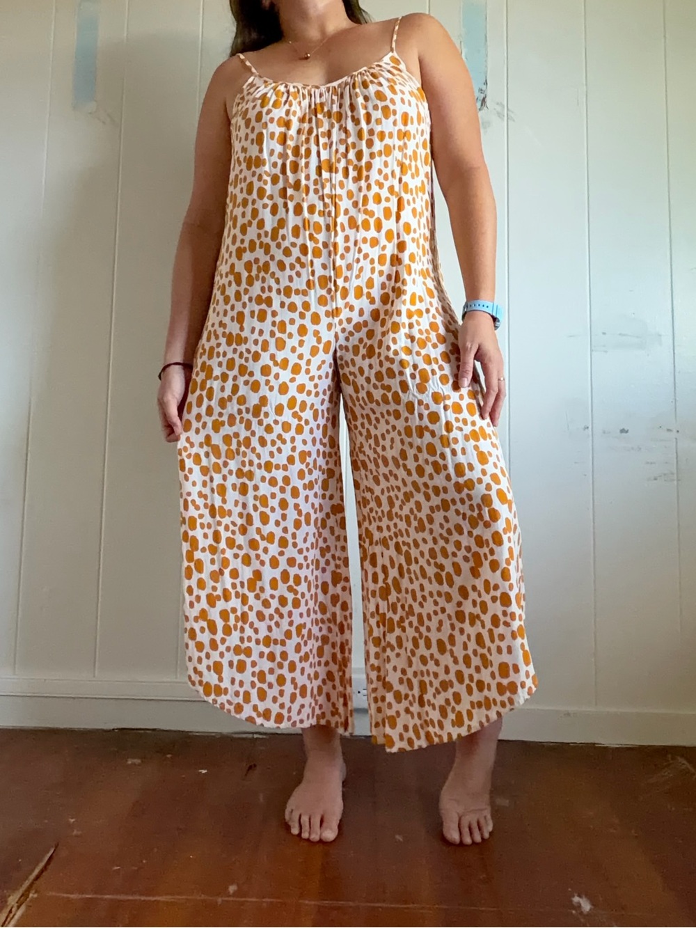 Spaghetti-Strap White & Mustard Polka Dot Cropped Jumpsuit